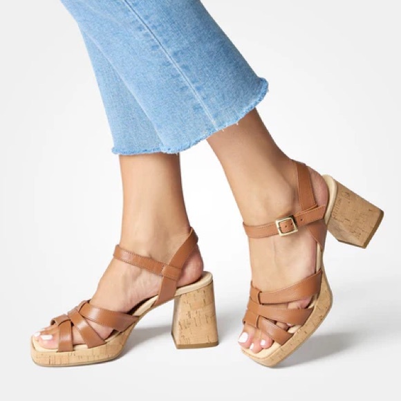 Paul Green Shoes - Paul Green Tina Cognac Leather Cork Block Heel Sandals Ankle Strap Sz 10 BNWB